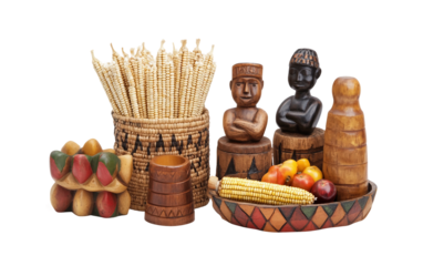 Artistic arrangement of Kwanzaa symbols highlighting community, abundance, and cultural traditions isolated on transparent background PNG