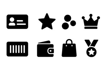 Loyalty Card Icons. Loyalty cards. Filled icon set of Loyalty cards: membership card, star, points, crown,