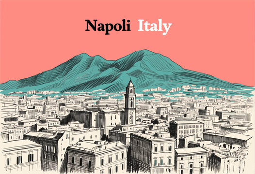 Hand drawn Napoli cityscape with Vesuvius mountain in colorful retro style