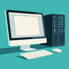 Fototapeta premium Minimalist desktop computer setup with blank screen, keyboard, mouse, and tower