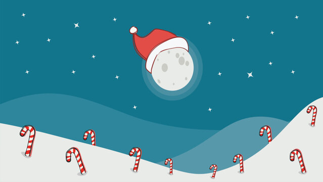 Winter Scene with Santa Hat Moon. Holiday Background, 16-9 Wallpaper