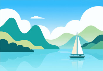 Naklejka premium Minimalist sailboat on calm water with layered mountain landscape background