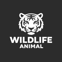 Minimalist tiger head logo, wildlife animal emblem, black background design