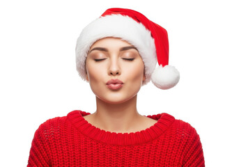 Young woman wearing a santa hat and red sweater, puckering lips for a kiss, isolated on transparent background