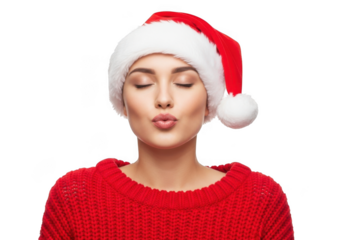 Young woman wearing a santa hat and red sweater, puckering lips for a kiss, isolated on transparent background