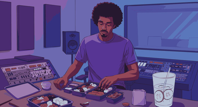 A man in a recording studio prepares his meal, surrounded by audio equipment and food containers