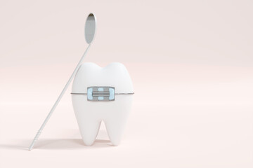 A 3D rendering of a large, cartoonish tooth wearing braces with a dental mirror leaning against it on a light pink background, symbolizing orthodontic care.