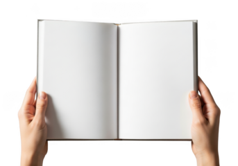 Hands holding an open blank book isolated on transparent background
