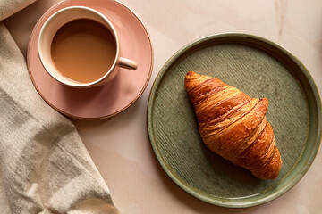 Minimal Pastel Coffee Shop Interior Top View With Croissant