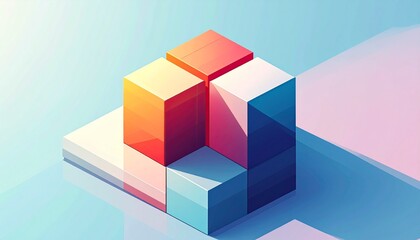 Obraz premium Abstract isometric illustration of colorful cubes forming a larger structure on a light blue surface.