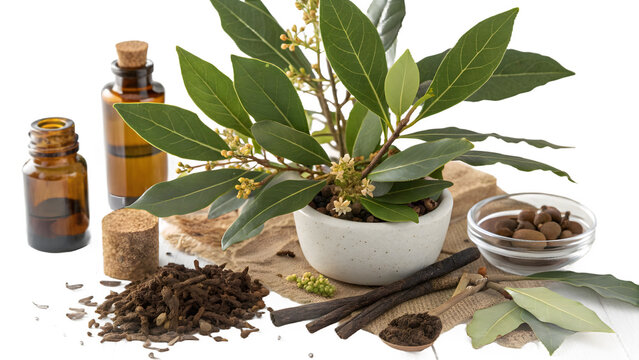 Photorealistic 3D Bay Laurel Plant with Roots, Leaves, Flowers and Aromatic Herbal Products