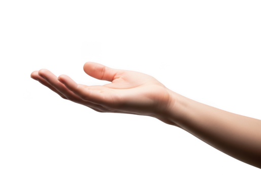 Open human hand isolated on transparent background, palm up, ready to receive or give something