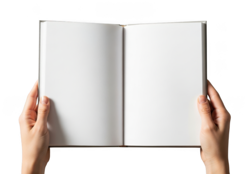 Hands holding an open blank book isolated on transparent background