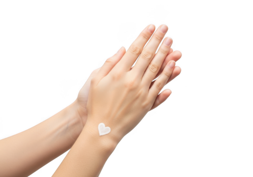 Womans hands with a small white heartshaped sticker on her wrist, isolated on transparent background - Powered by Adobe