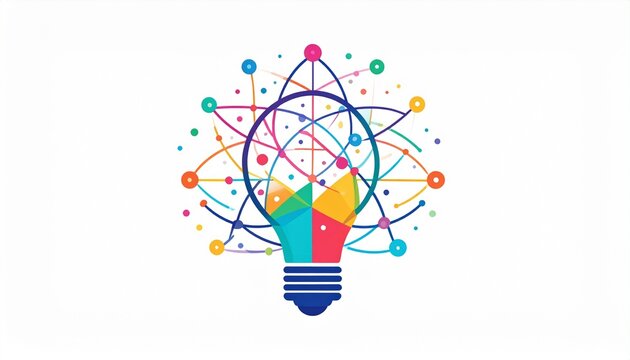 Colorful light bulb with atom model, representing innovation and creativity.
