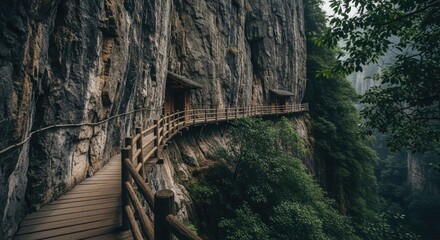 Wooden walkway carved into a lush green forest cliffside