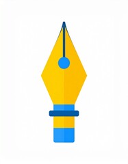 Illustration of a yellow and blue fountain pen nib on a white background.
