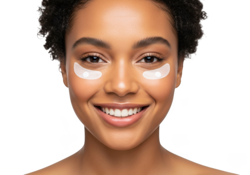 Young african american woman with under eye patches smiling isolated on transparent background