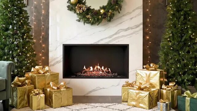 Warm cozy fireplace decorated with Christmas garland and lights in a modern home interior. Perfect for winter holidays, relaxation, and comfort mood visuals.