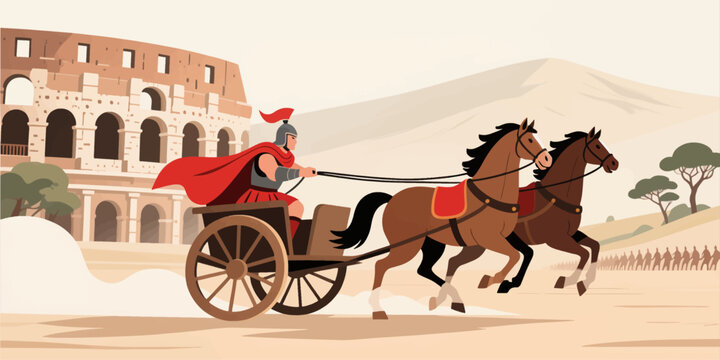 Roman chariot racer in flat style racing past colosseum with horses and soldiers