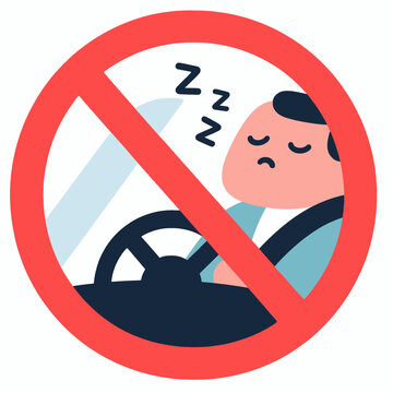 Sleeping driver prohibition sign, cartoon car safety warning, simple flat design