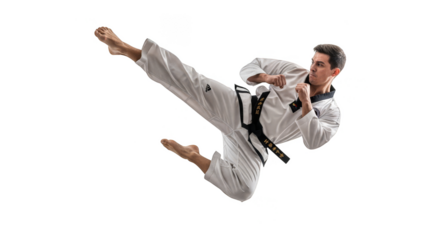 Martial artist performs flying kick in midair