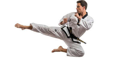 Martial artist demonstrates powerful aerial kick