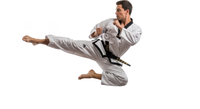 Martial artist demonstrates powerful aerial kick