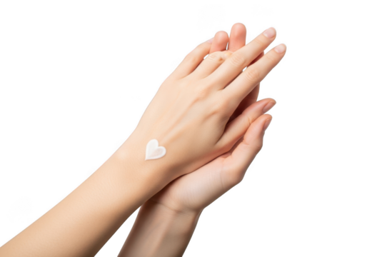 Closeup of a womans hands with a heart shape of cream on her wrist, isolated on transparent background