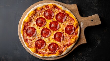 hunger. A delicious pepperoni pizza sits on a rustic wooden board, captured from an overhead angle. representing modern convenience.