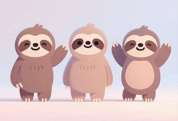Obraz premium Three cute sloths waving hello, minimalist cartoon style, cheerful animal friends