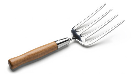 Fototapeta premium Gardening Fork Close-Up: A detailed shot of a shiny, clean gardening fork, showcasing its robust wooden handle and sturdy tines, perfect for cultivating the earth and nurturing plants.