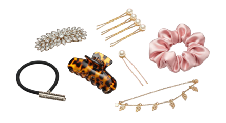 Assorted hair accessories on transparent background