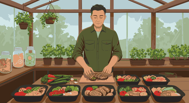 Man preparing healthy meals in a greenhouse setting with fresh produce and containers of food