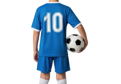 Young boy in blue soccer uniform with number 10 on the back, holding a soccer ball, isolated on transparent background
