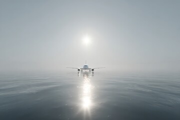 A serene passenger airplane poised on calm water with sun reflecting brightly.