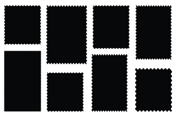 Post stamp frames and borders. Postage stamp blank template collection. Vector zigzag objects for badge, sticker. Letter stamps with perforated edges. Vector illustration. 