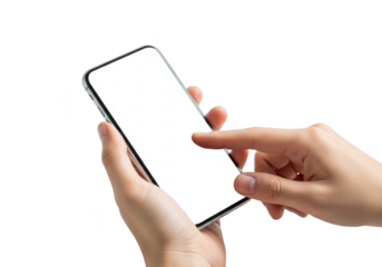 Closeup of a persons hands holding and touching a smartphone with a blank white screen, isolated on transparent background