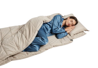 A woman in blue pajamas sleeping peacefully in a sleeping bag isolated on transparent background