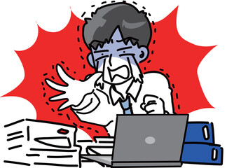 パソコンと若手男性会社員の困った時のセットベクターイラスト