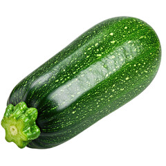 A vibrant green zucchini, isolated on black, showing speckled skin and stem details