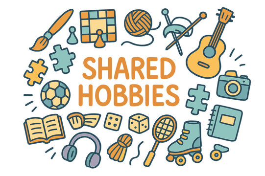 Shared Hobbies Doodle. Shared hobbies. Hand-drawn doodle illustration of Shared hobbies. Paintbrush, board