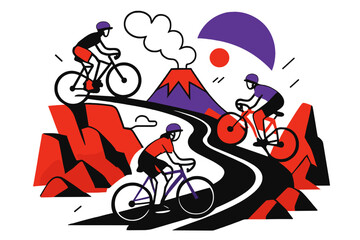 Volcanic Cycling Adventure. Volcanic island tour. Cyclists ascend a winding black road between red rocks and