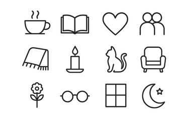 Peaceful Moments Icons. Peaceful moments. Line outline icon set of peaceful moments: tea cup, book, heart,
