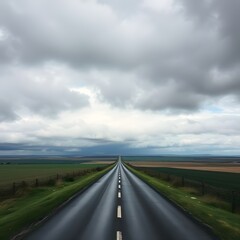 Dramatic Road Ahead Perspective View of Asphalt Path Under Cloudy Skies, Leading to the Horizon