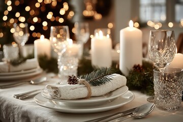 Elegant festive Christmas dinner table setting with glowing candles.