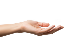 Open human hand extended forward, palm up, isolated on transparent background, ready to receive or give something
