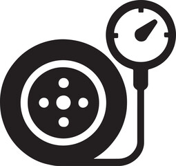 Minimal car tire and pressure gauge glyph icon representing vehicle check and safety.