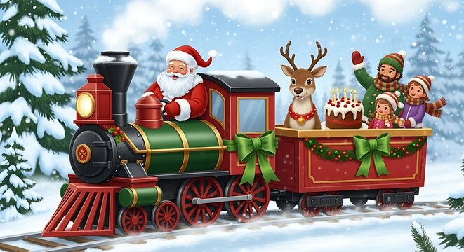 Photo of santa claus and reindeer on a festive christmas train with gifts and cake, traveling through a snowy winter landscape with pine trees and falling snow