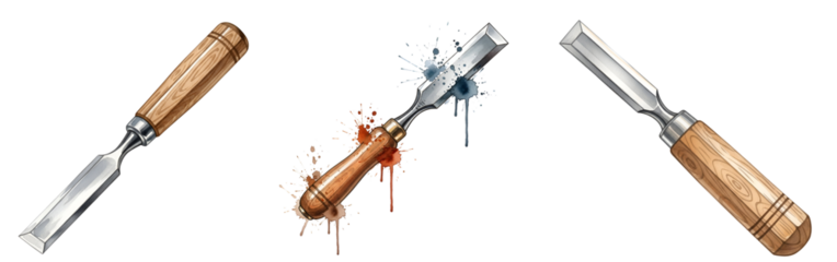 Woodworking chisels set professional hand tools for wood carving carpentry and joinery equipment on transparent background